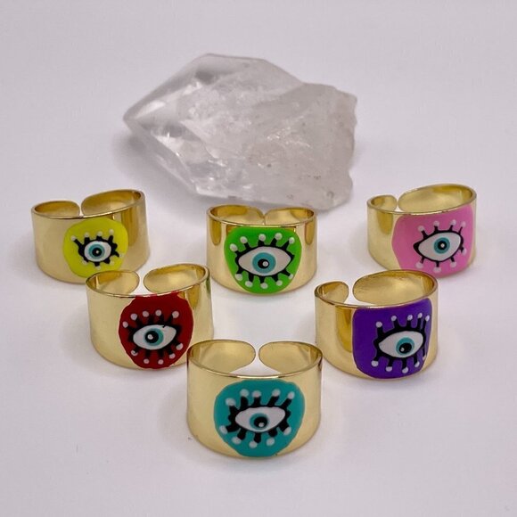 Boho Evil Eye Enamel and Copper Adjustable Ring #1300 YELLOW - Picture 7 of 14